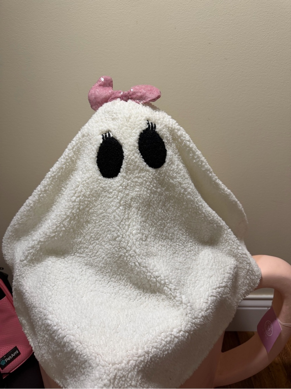 Halloween Sherpa Ghost with Pink Bow & Eyelashes Pillow